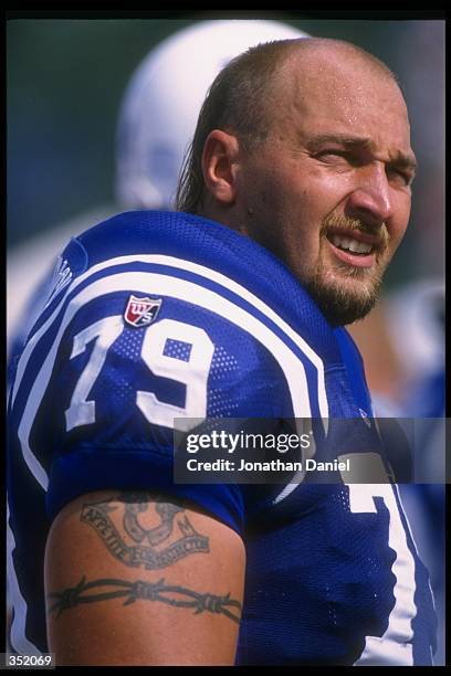 Offensive lineman Tony Mandarich of the Indianapolis Colts looks on during the Hall of Fame Game against the New Orleans Saints in Canton, Ohio. The...