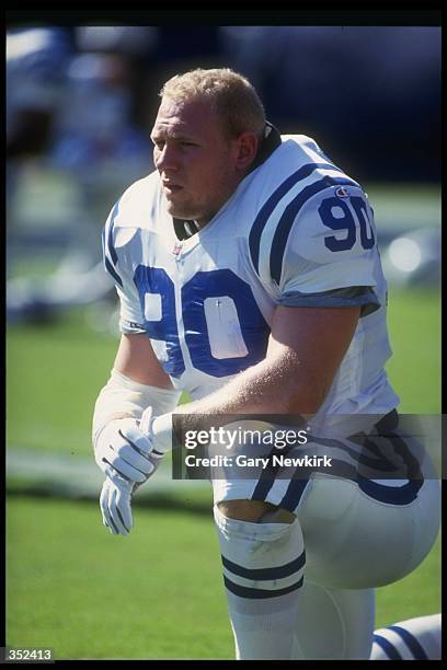 Defensive lineman Steve Emtman of the Indianapolis Colts looks on during a game against the San Diego Chargers at the RCA Dome in Indianapolis,...