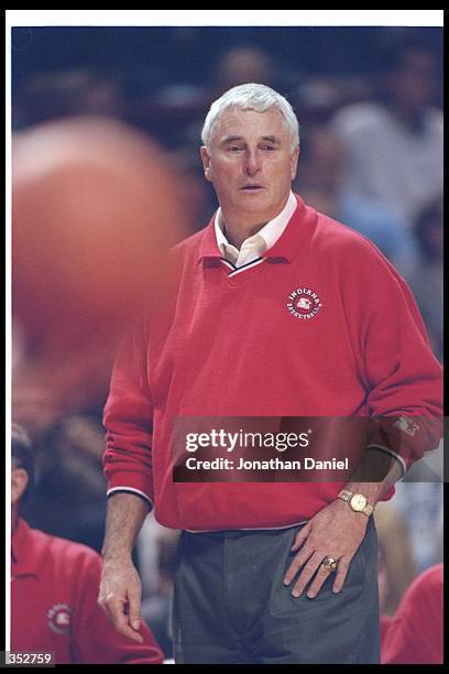 Indiana Hoosiers head coach Bobby Knight looks on during a game against the DePaul Blue Demons at the United Center in Chicago, Illinois. Indiana won...