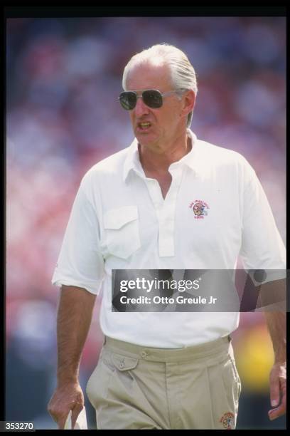 San Francisco 49ers head coach George Seifert looks on during a game against the Buffalo Bills at Candlestick Park in San Francisco, California. The...