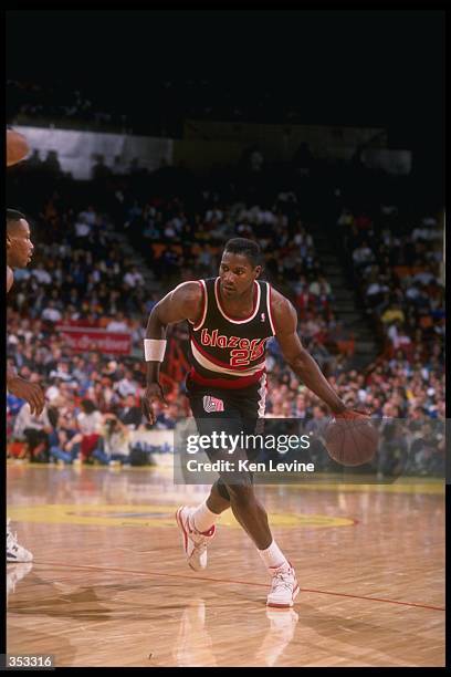 Forward Jerome Kersey of the Portland Trail Blazers moves the ball during a game.