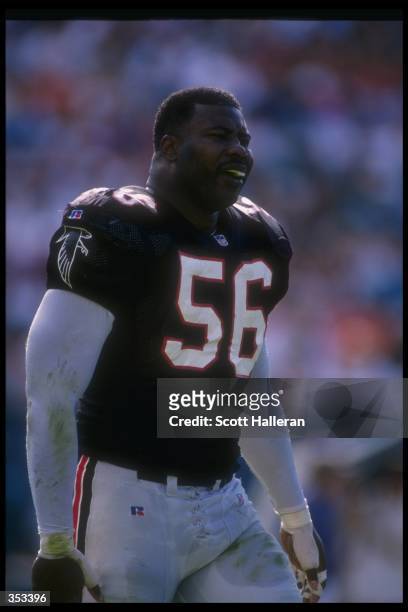 Linebacker Chris Doleman of the Atlanta Falcons looks on during a game against the Miami Dolphins at Joe Robbie Stadium in Miami, Florida. The...