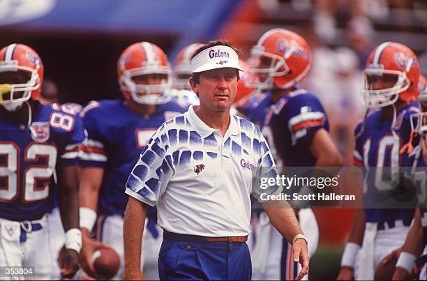 FLORIDA HEAD COACH STEVE SPURRIER ON THE SIDELINES DURING A 73-7 WIN OVER KENTUCKY IN GAINESVILLE, FLORIDA.