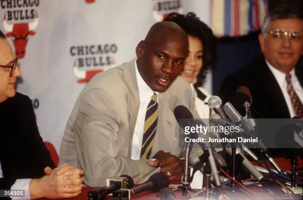Michael Jordan answers questions at the press conference announcing his retirement from the NBA. Mandatory Credit: Jonathan Daniel/ALLSPORT