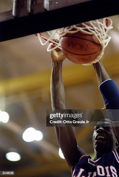 Forward Chris Gandy of the Illinois Fighting Illini sinks the ball during a game against the California Bears at Harmon Gym in Berkeley, California....