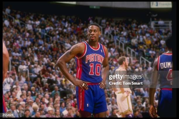 Forward Dennis Rodman of the Detroit Pistons looks on during a game against the Utah Jazz at the Delta Center in Salt Lake City, Utah.