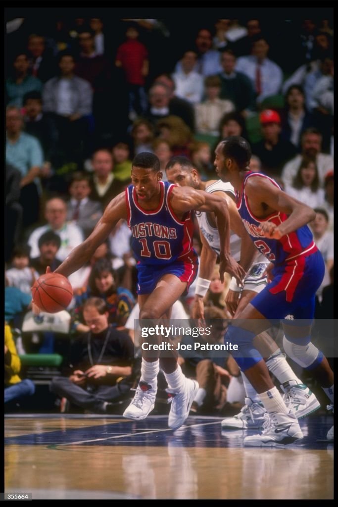 Detroit Rodman Forward Dennis Rodman of the Detroit Pistons moves the ball during a ...