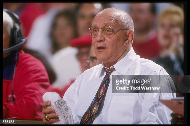 Fresno State Bulldogs head coach Jerry Tarkanian looks on during a game against the Santa Clara Broncos at Selland Arena in Fresno, California....