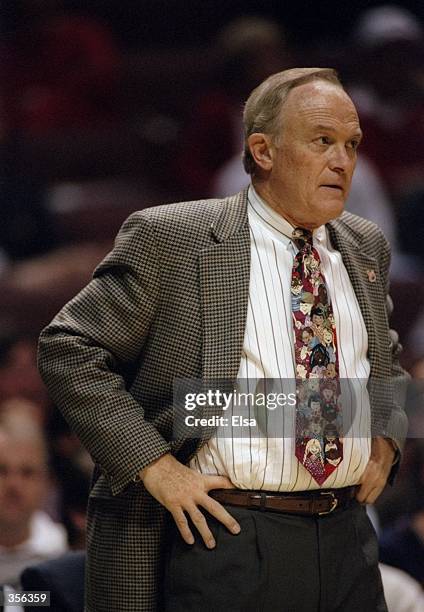 Louisiana State Tigers head coach Dale Brown looks on during the John R. Wooden Classic against the Louisville Cardinals at Arrowhead Pond in...