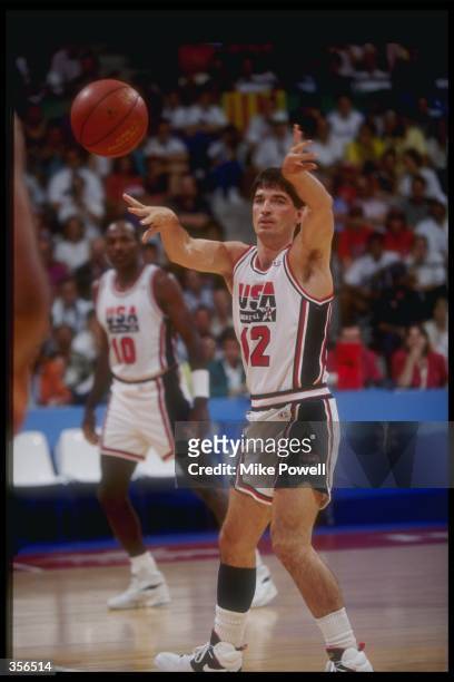 Guard John Stockton of the United States passes the ball during a game at the Olympic Games in Barcelona, Spain. Mandatory Credit: Mike Powell...