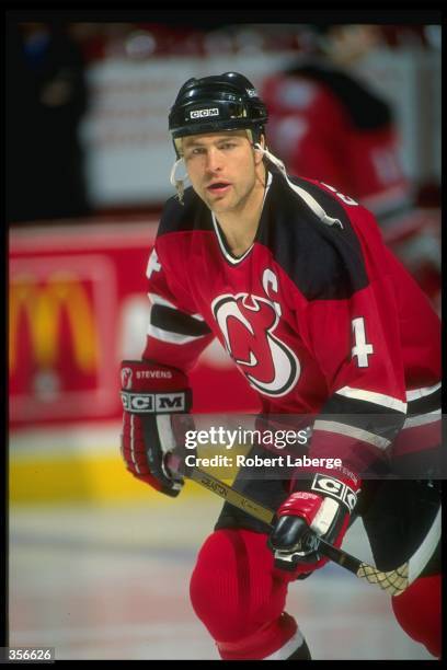 Defenseman Scott Stevens of the New Jersey Devils looks on during a game against the Montreal Canadiens at the Montreal Forum in Montreal, Quebec....