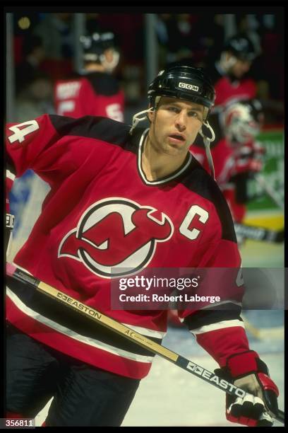 Defenseman Scott Stevens of the New Jersey Devils looks on during a game against the Montreal Canadiens at the Montreal Forum in Montreal, Quebec....