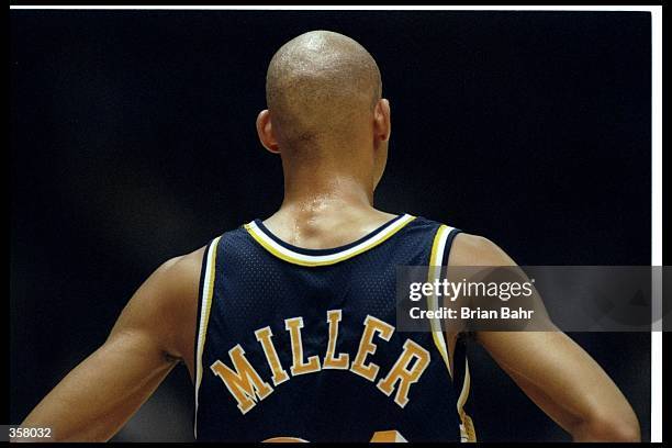 Guard Reggie Miller of the Indiana Pacers looks on during a game against the Los Angeles Lakers at the Great Western Forum in Inglewood, California....