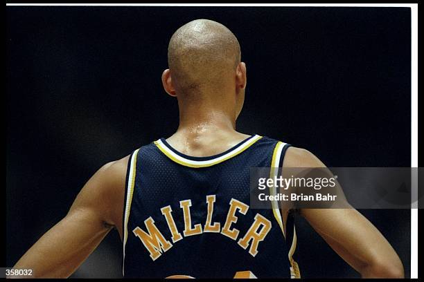 Guard Reggie Miller of the Indiana Pacers looks on during a game against the Los Angeles Lakers at the Great Western Forum in Inglewood, California....