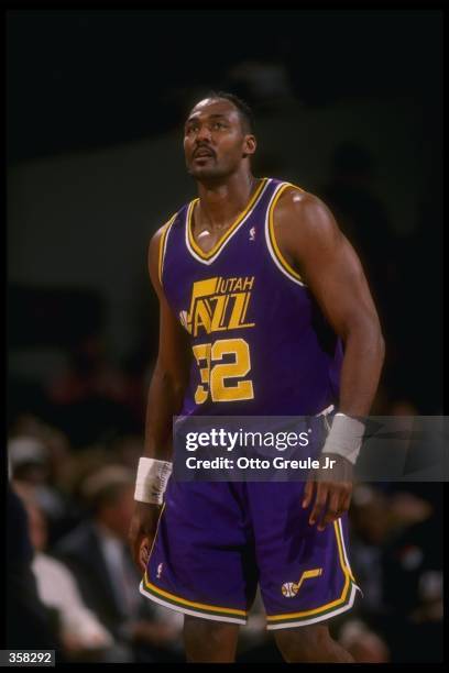 Forward Karl Malone of the Utah Jazz looks on during a game against the Portland Trail Blazers at the Rose Garden in Portland, Oregon. The Blazers...