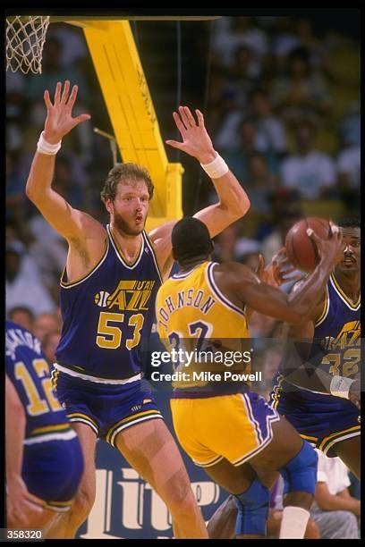 Center Mark Eaton of the Utah Jazz plays defense during a game.