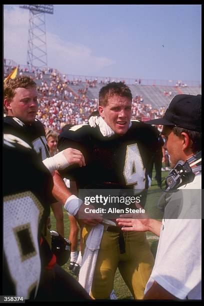 Quarterback Brett Favre of the Southern Mississippi Golden Eagles on the sideline during the Golden Eagles 30-26 victory over the Florida State...