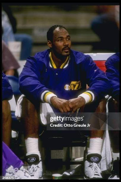 Forward Karl Malone of the Utah Jazz looks on during a game against the Portland Trail Blazers at the Rose Garden in Portland, Oregon. The Blazers...