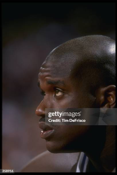 Center Shaquille O''Neal of the Orlando Magic looks on during a game against the Denver Nuggets at McNichols Arena in Denver, Colorado.