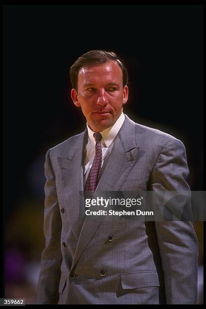 Los Angeles Lakers head coach Mike Dunleavy looks on during a game against the Utah Jazz at the Delta Center in Salt Lake City, Utah. Mandatory...