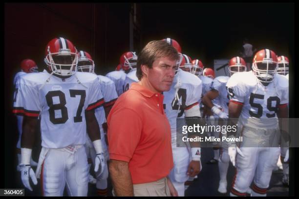 Cleveland Browns head coach Bill Belichick looks on during a game against the Los Angeles Raiders at Cleveland Stadium in Cleveland, Ohio. The Browns...
