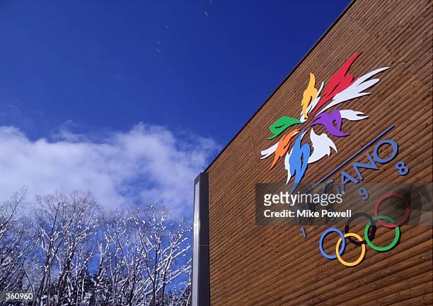 General view of a promotional advertising hoarding with the logo of Nagano, Japan, host of the 1998 Winter Olympics, taken during the World Cup...