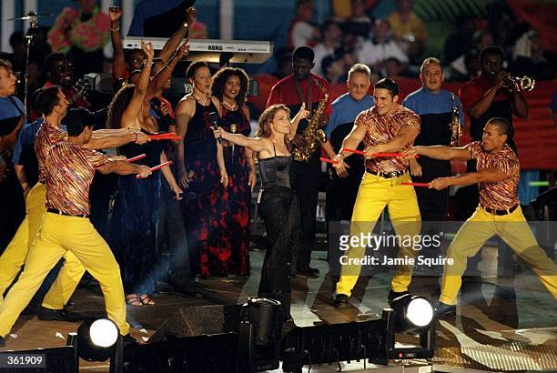 Gloria Estefan performing during the half time special of the Super Bowl XXXIII Game between the Denver Broncos and the Atlanta Falcons at the Pro...
