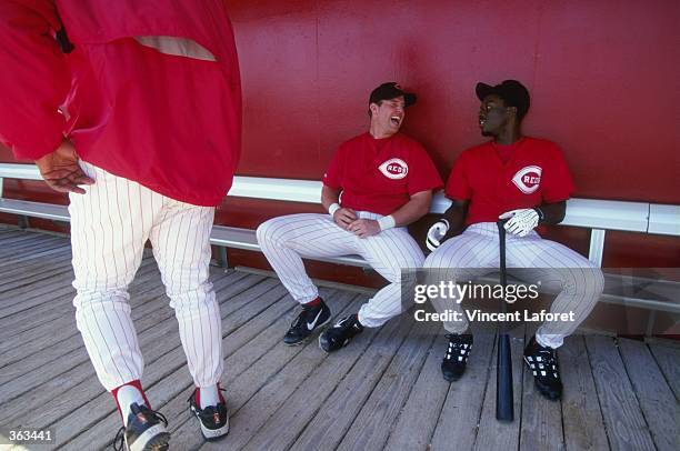 Infielder Sean Casey of the Cincinnati Reds sitting on the bench talking during the Spring Training game against the Pittsburgh Pirates at the Ed...