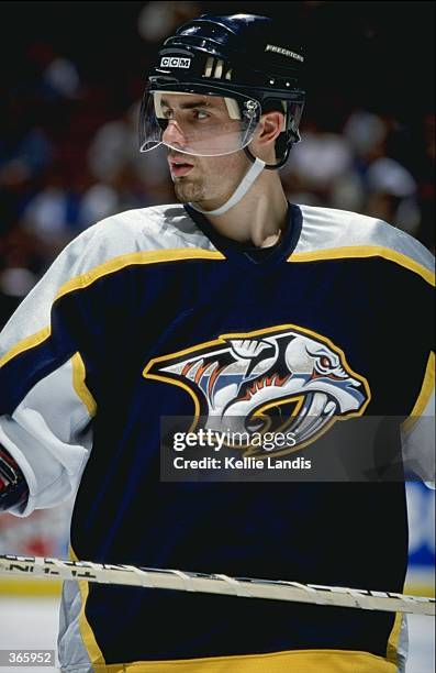 Sebastien Bordeleau of the Nashville Predators looks on during the game against the Anaheim Mighty Ducks at the Arrowhead Pond in Anaheim,...