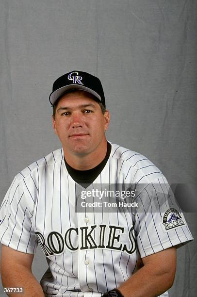 Catcher Kirt Manwaring of the Colorado Rockies poses for a studio portrait on Photo Day during Spring Training at Hi Corbett Field in Tuscon,...