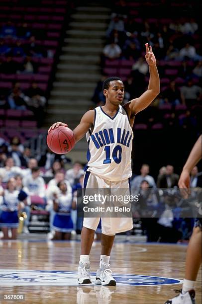 Shaheen Holloway of the Seton Hall Pirates dribbles during the game against the Georgetown Hoyas at the Continental Airlines Arena in East...