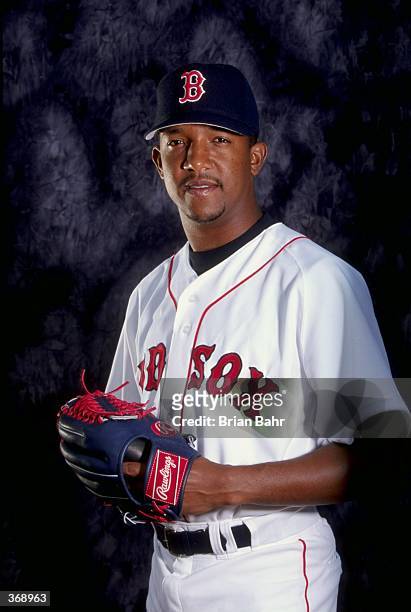 Pitcher Pedro Martinez of the Boston Red Sox poses for a studio portrait on Photo Day during Spring Training at the City of Palms Park in Fort Myers,...