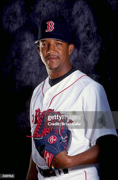 Pitcher Pedro Martinez of the Boston Red Sox poses for a studio portrait on Photo Day during Spring Training at the City of Palms Park in Fort Myers,...