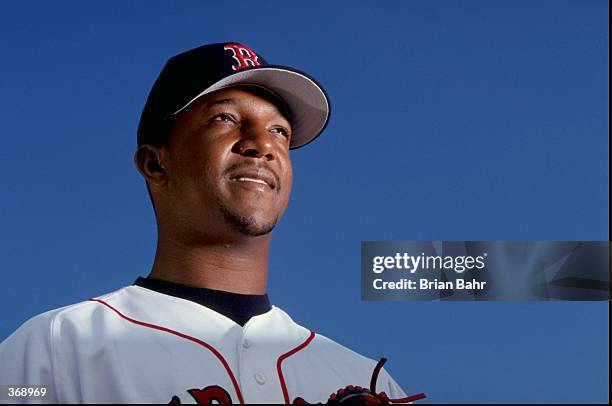 Pitcher Pedro Martinez of the Boston Red Sox poses for the camera on Photo Day during Spring Training at the City of Palms Park in Fort Myers,...