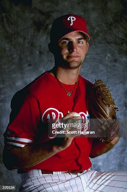 Pitcher Dave Coggin of the Philadelphia Phillies poses for a studio portrait on Photo Day during Spring Training at the Jack Russell Stadium in...