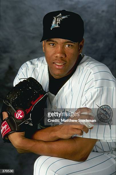 Pitcher Livan Hernandez of the Florida Marlins poses for a studio portrait on Photo Day during Spring Training at the Space Coast Stadium in...