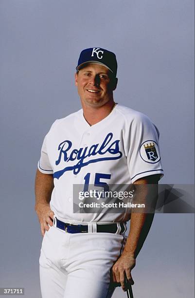 Outfielder Jeremy Giambi of the Kansas City Royals poses for the camera on Photo Day during Spring Training at the Baseball City Stadium in...