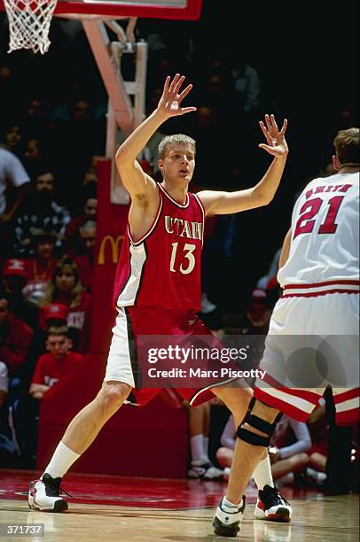 Hanno Mottola of the Utah Runnin Utes guards during the game against the New Mexico Lobos at "The Pit" Bob King Court in Albuquerque, New Mexico. The...