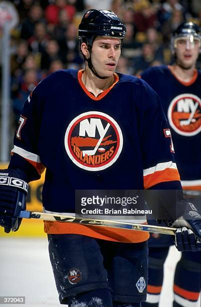 Scott Lachance of the New York Islanders looking on during the game against the Boston Bruins at the Fleet Center in Boston, Massachusetts. The...