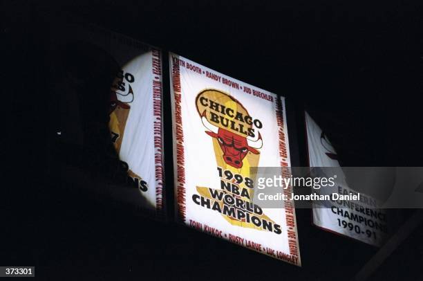 General view of the Chicago Bulls 1998 Championship Banner, as it is presented before the game against the Atlanta Hawks at the United Center in...