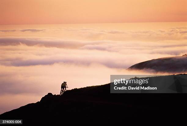 silhouette of cyclists riding tandem along top of hill at sunset - ciclismo tandem fotografías e imágenes de stock