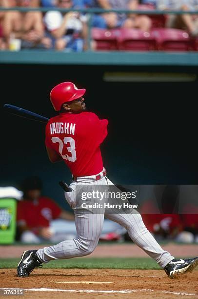Outfielder Greg Vaughn of the Cincinnati Reds swings the bat during the Spring Training game against the Tampa Bay Devil Rays at the Al Lang Stadium...