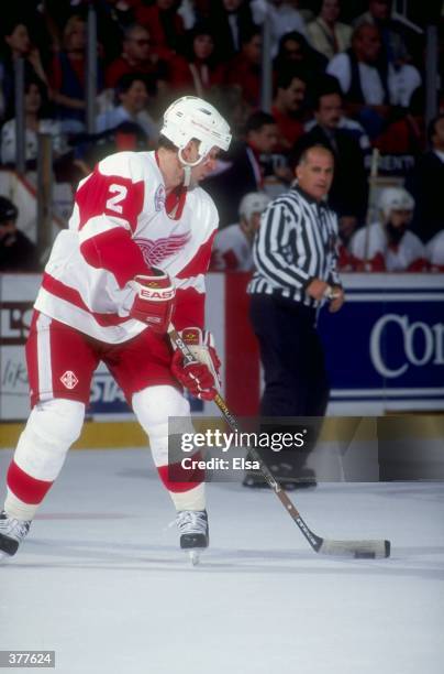 Viacheslav Fetisov of the Detroit Red Wings in action during a Western Conference Playoff game against the Dallas Stars at Joe Louis Arena in...