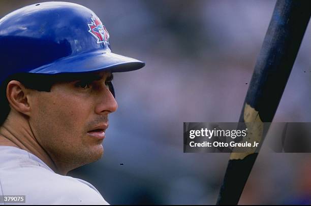 Outfielder Jose Canseco of the Toronto Blue Jays in action during a game against the Oakland Athletics at the Oakland Coliseum in Oakland,...