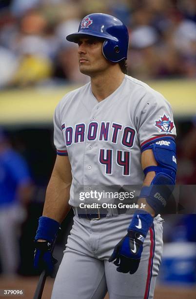 Outfielder Jose Canseco of the Toronto Blue Jays in action during a game against the Oakland Athletics at the Oakland Coliseum in Oakland,...