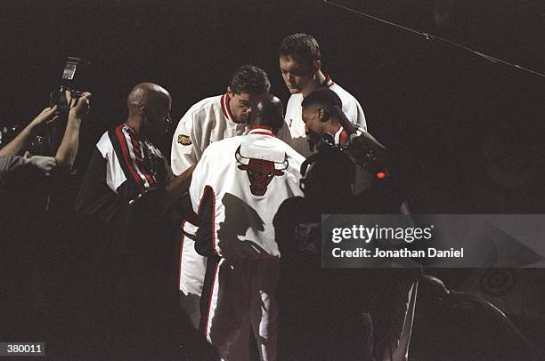 General view of the Chicago Bulls starters Ron Harper, Toni Kukoc, Luc Longley, Scottie Pippen, and Michael Jordan during the NBA Finals Game 4...