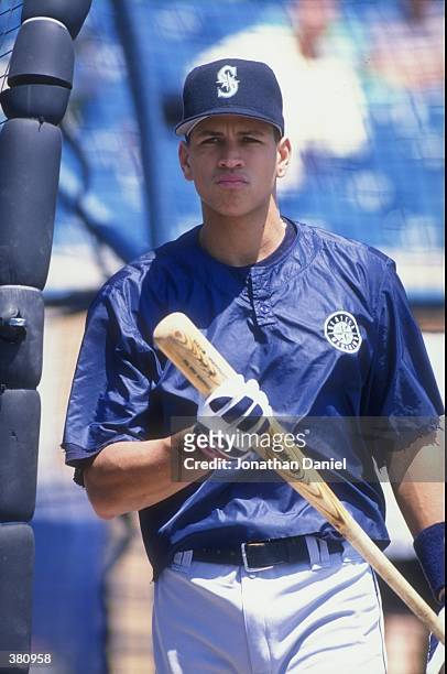 Alex Rodriguez of the Seattle Mariners looks on during a game against the Chicago White Sox at Comiskey Park in Chicago, Illinois.