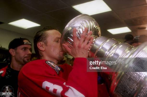 Igor Larionov of the Detroit Red Wings celebrates after the Stanley Cup Finals game against the Washington Capitals at the MCI Center in Washington,...