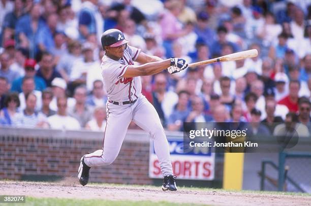 Andruw Jones of the Atlanta Braves in action during a game against the Chicago Cubs at Wrigley Field in Chicago, Illinois. The Cubs defeated the...