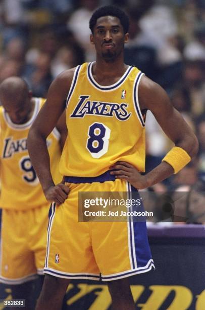 Kobe Bryant of the Los Angeles Lakers stands on court during the NBA Western Conference Finals against the Utah Jazz at the Great Western Forum in...